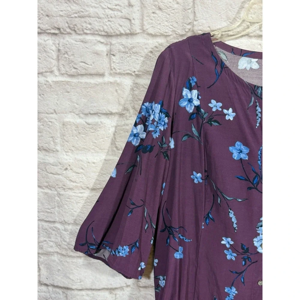 J‎ Jill Blouse Top 1X Purple Floral Rayon Button Up 3/4 Sleeve Back Tie